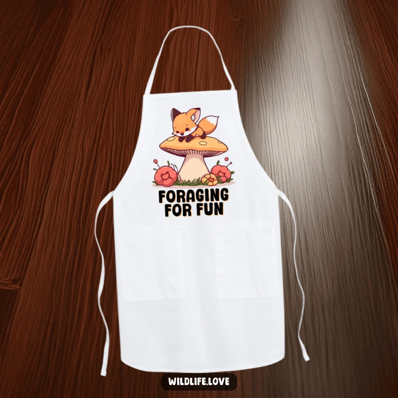 Funny Fox Chef Apron: A curious fox cub playfully pouncing on a giant mushroom, ready for kitchen fun.