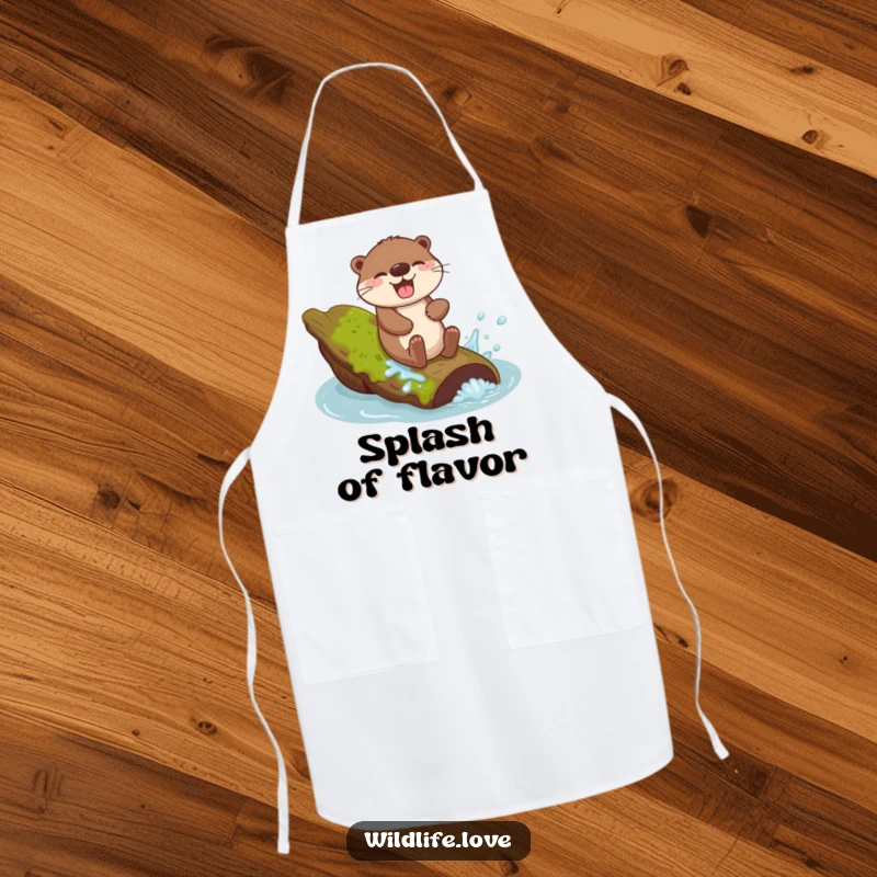 Funny Otter Chef Apron: A giggling otter sliding down a mossy log with a joyful splash, ready for kitchen fun.