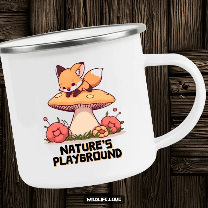 Funny Fox Outdoor Mug: A curious fox cub playfully pouncing on a giant mushroom, designed for forest charm.