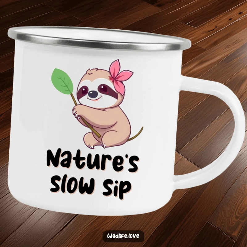 Funny sloth camping mug, a happy sloth gently reaching a paw towards a bright flower, perfect for tranquil outdoor moments.