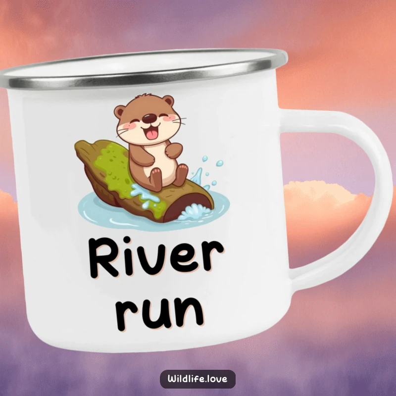 Funny Otter Outdoor Mug: A giggling otter sliding down a mossy log with a joyful splash, designed for water fun.