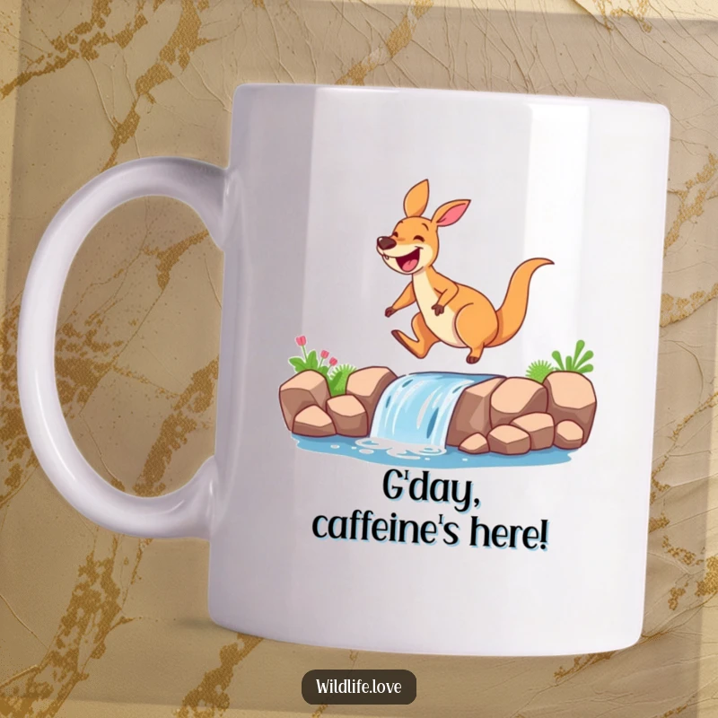 Funny kangaroo mug, a cheerful wallaby with a huge grin leaping joyfully over a small waterfall, full of energy and fun.