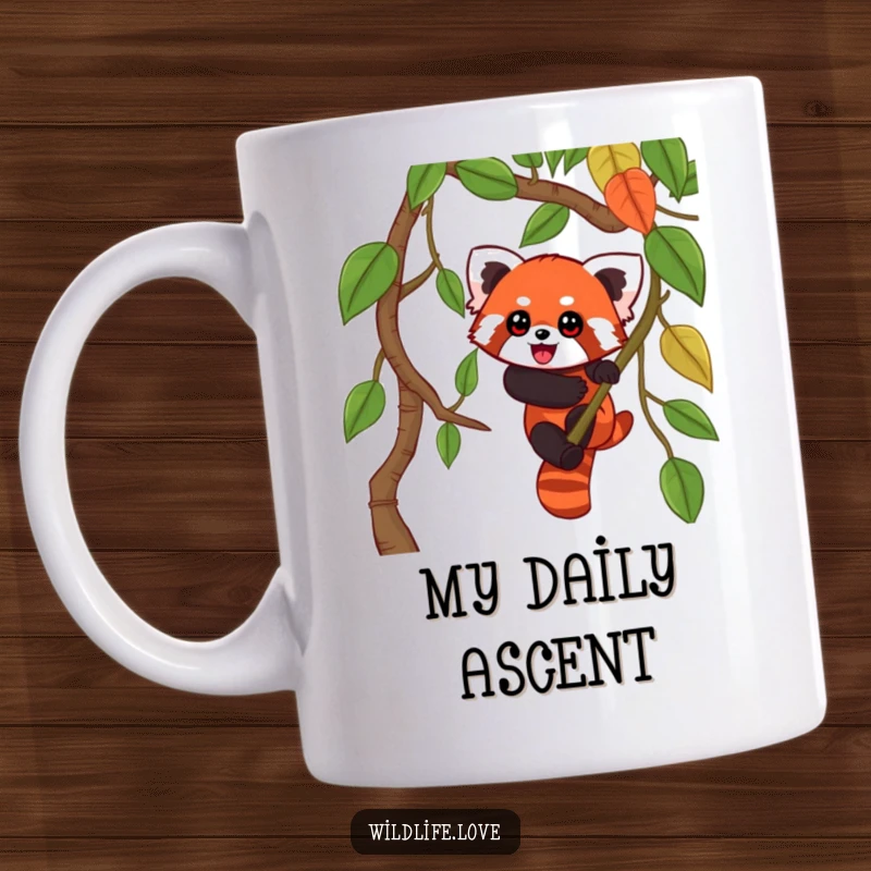 Funny Red Panda Jungle Mug: A playful red panda with wide eyes enthusiastically climbing a tall jungle vine, full of excitement.