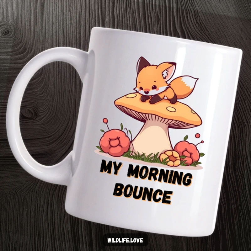 Funny Fox Mushroom Mug: A curious fox cub playfully pouncing on a giant, colorful mushroom, full of wonder.