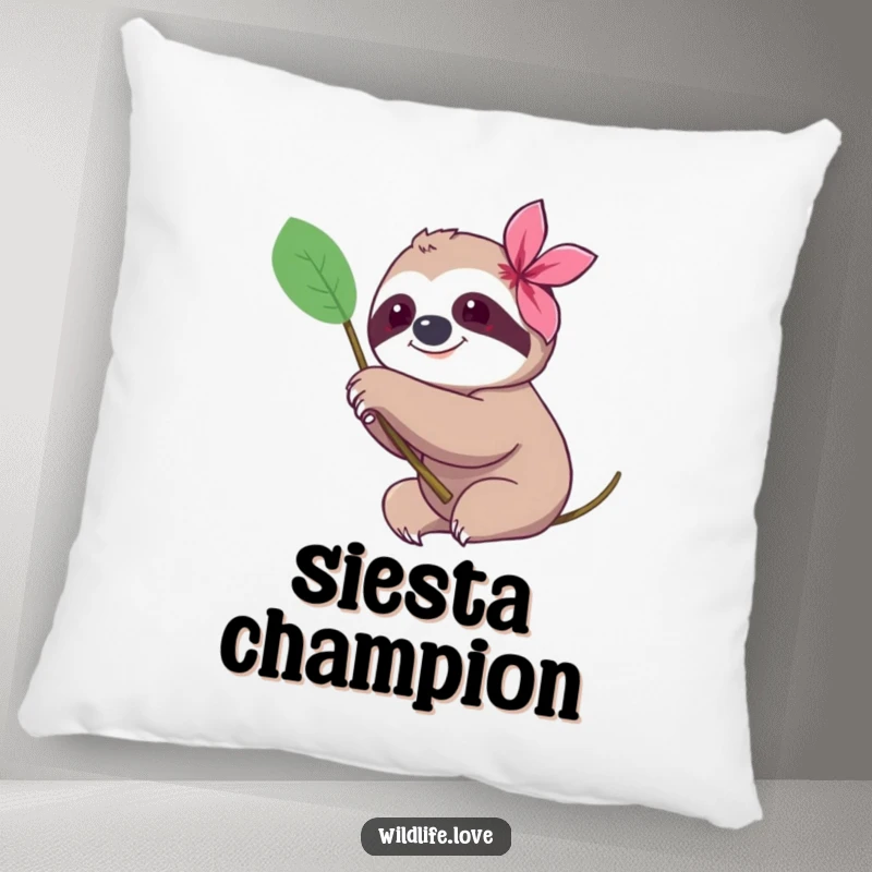 Funny sloth pillow, a happy sloth with a gentle smile extending a paw towards a beautiful exotic flower, perfect for comfort.