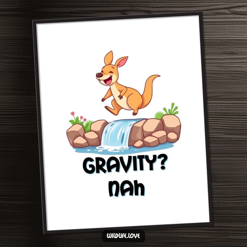 Funny kangaroo digital art print, a joyful kangaroo with a huge grin mid-air over a miniature waterfall, full of life and humor.