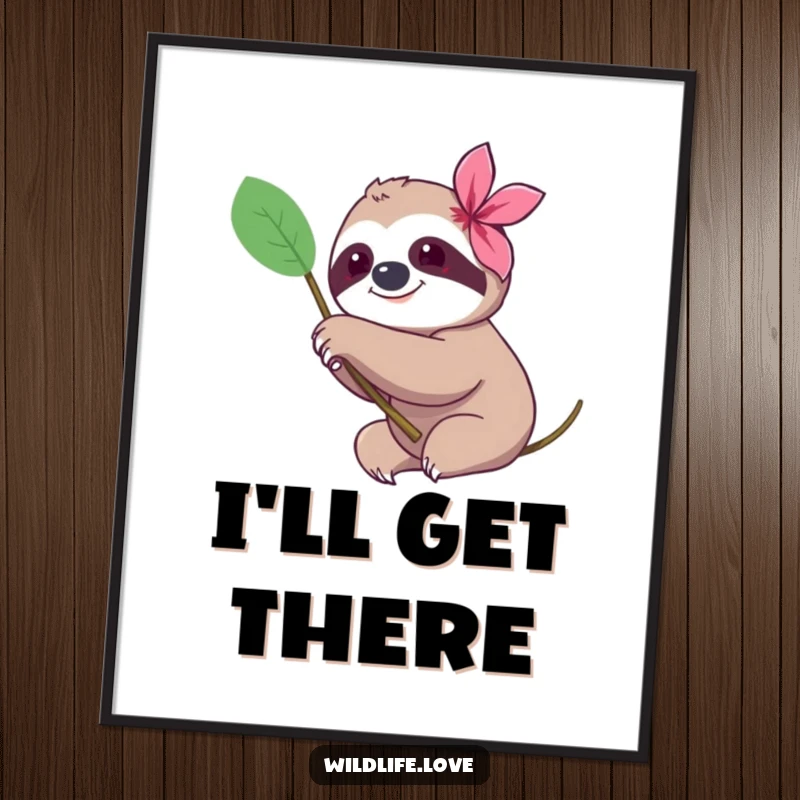 Funny sloth digital art print, a content sloth slowly reaching a paw towards a vibrant exotic flower, embodying peaceful joy.