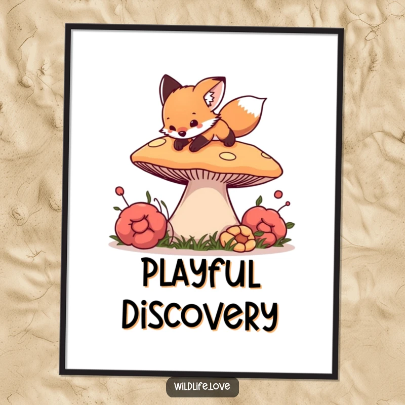 Funny Fox Mushroom Wall Art: A curious fox cub playfully pouncing on a giant, colorful mushroom, perfect for digital display.