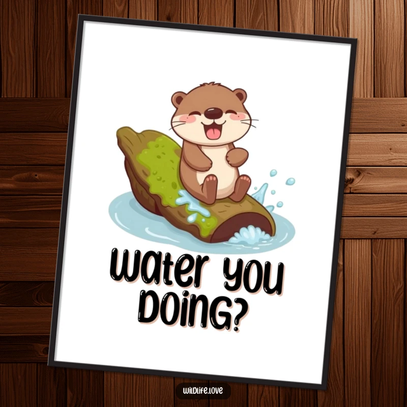 Funny Otter Sliding Wall Art: A giggling otter sliding down a mossy log with a joyful splash, perfect for digital display.