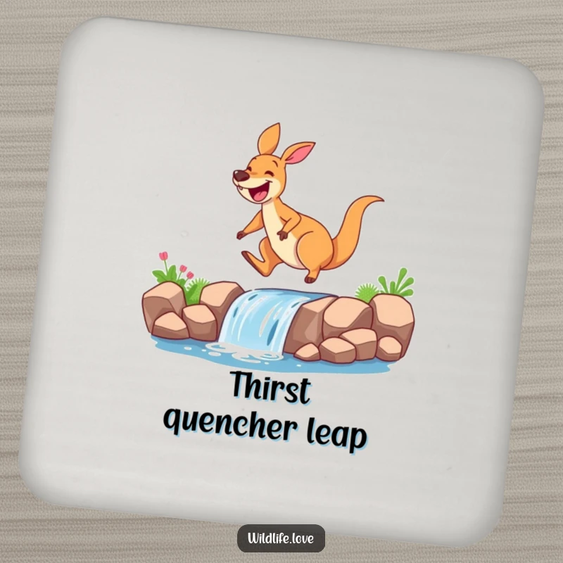 Funny kangaroo coaster, a grinning kangaroo leaping over a small waterfall, protecting surfaces with a dose of Australian fun.