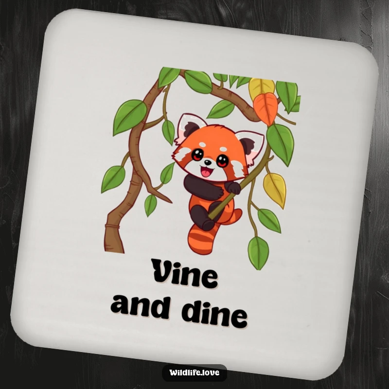 Funny Red Panda Jungle Coaster Set: A playful red panda with wide eyes climbing a jungle vine, protecting drinks with style.