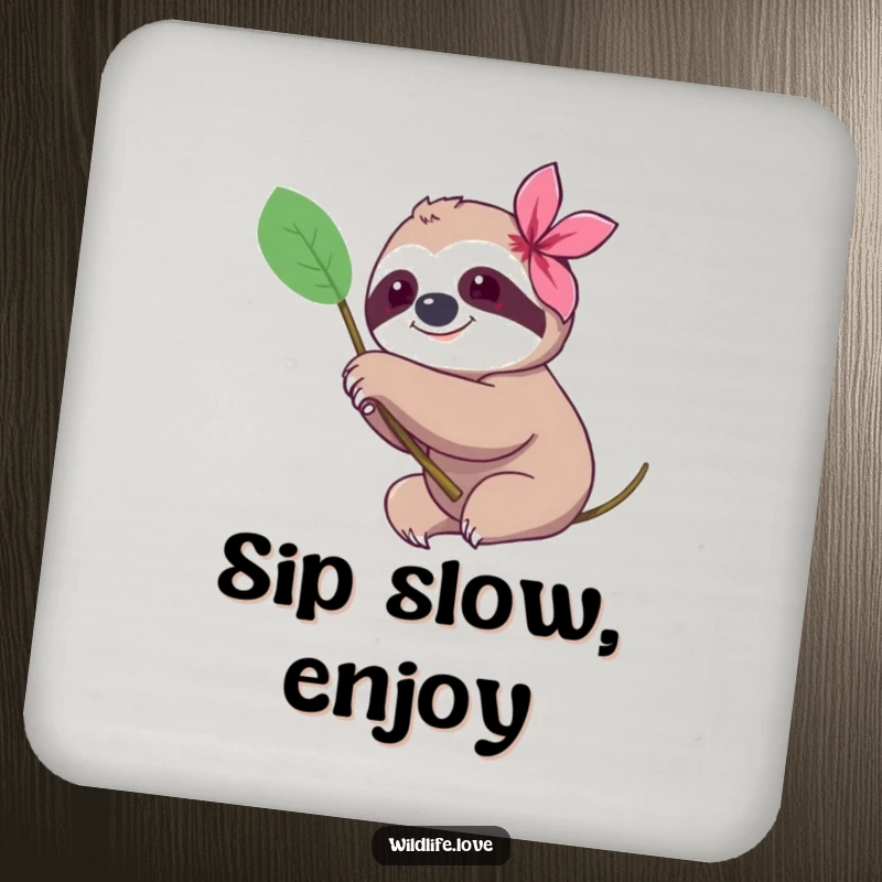 Funny sloth coaster, a happy sloth slowly reaching a paw towards a colorful flower, adding gentle humor to tabletops.
