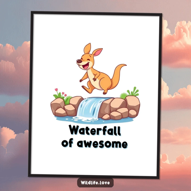 Funny kangaroo poster, a joyful kangaroo with a huge grin leaping gracefully over a small waterfall, bringing a sense of adventure.