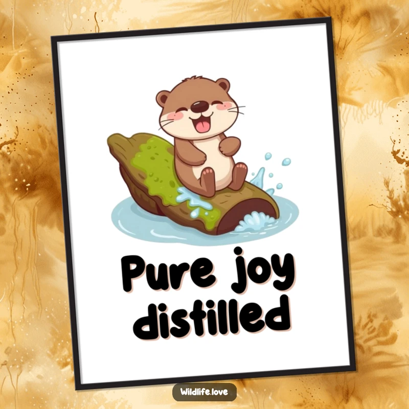 Funny Otter Sliding Poster: A giggling otter joyfully sliding down a mossy log with a splash, bringing watery fun.