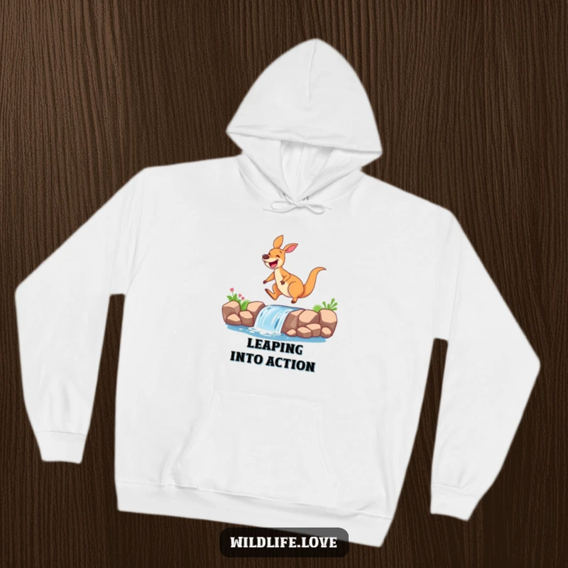 Funny kangaroo hoodie, a happy kangaroo mid-leap over a small waterfall, showcasing a wide, infectious grin and energetic spirit.