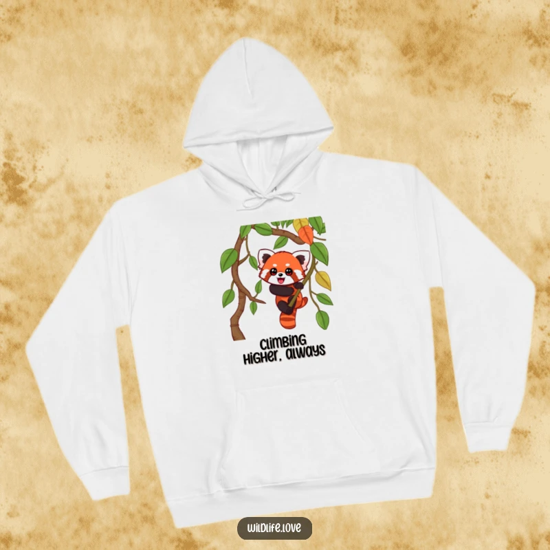 Funny Red Panda Jungle Hoodie: A playful red panda with wide eyes climbing a towering jungle vine, offering cozy adventure.