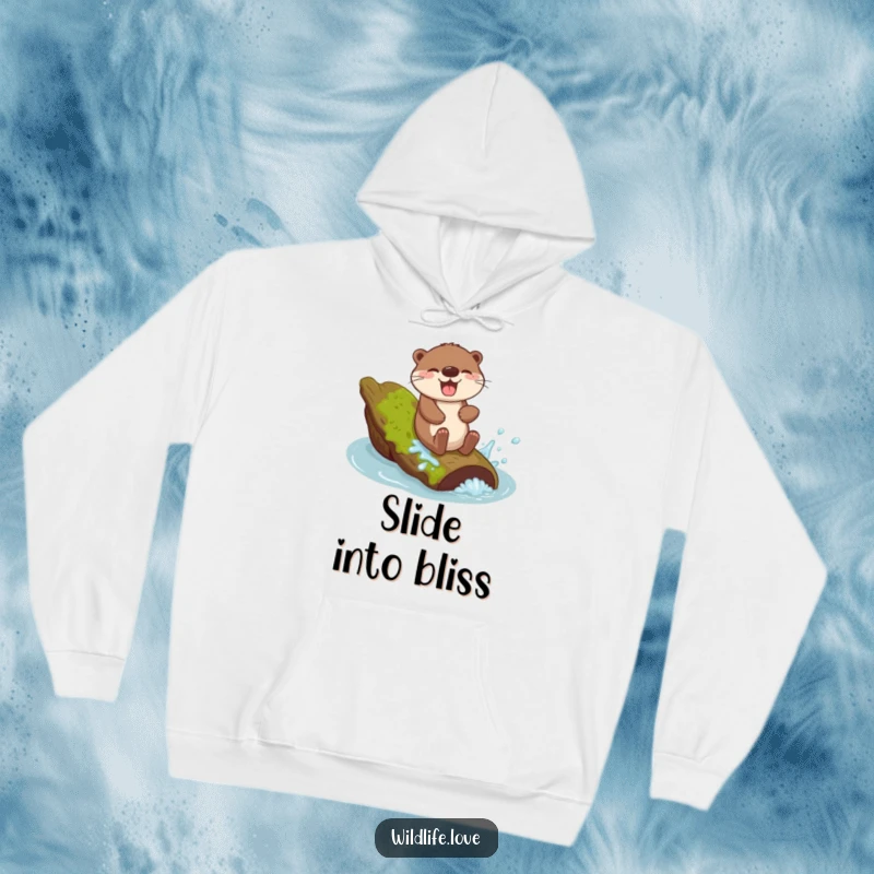 Funny Otter Sliding Hoodie: A giggling otter sliding down a mossy log with a joyful splash, offering cozy fun.