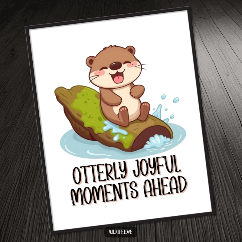 Funny Free Printable Wall Art: Giggling otter sliding down a mossy log with a joyful splash, cute water-themed decor.