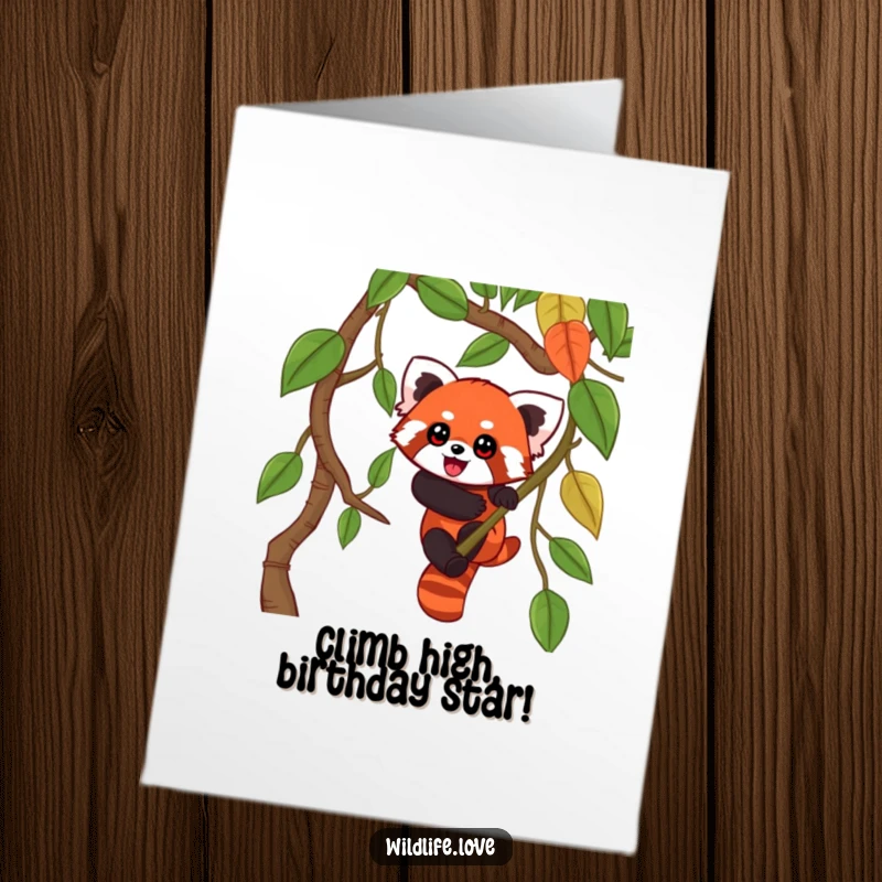 Funny Free Printable Birthday Card: Playful red panda with wide eyes enthusiastically climbing a tall jungle vine, ready for celebration.
