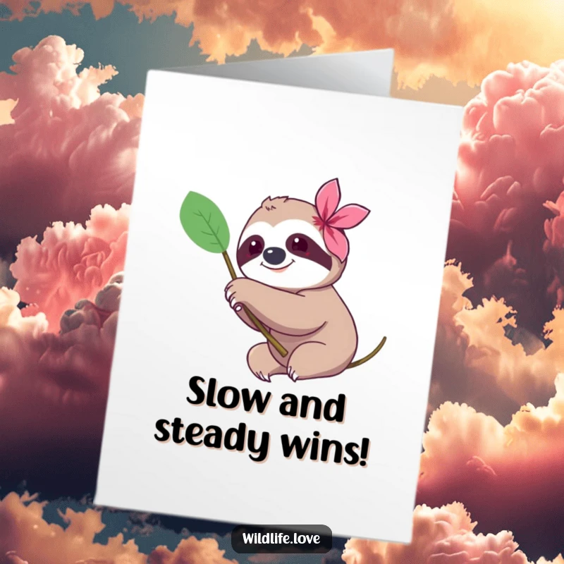 Funny Free Printable Congratulations Card: Content sloth reaching out to a beautiful flower, symbolizing achievement and slow progress.