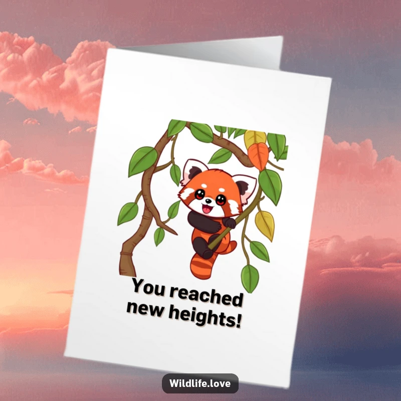 Free Printable Congratulations Card: Playful red panda climbing a towering jungle vine, celebrating a big win.