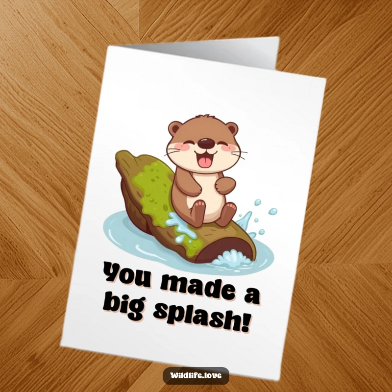 Free Printable Congratulations Card: Giggling otter sliding down a mossy log with a joyful splash, celebrating a big achievement.