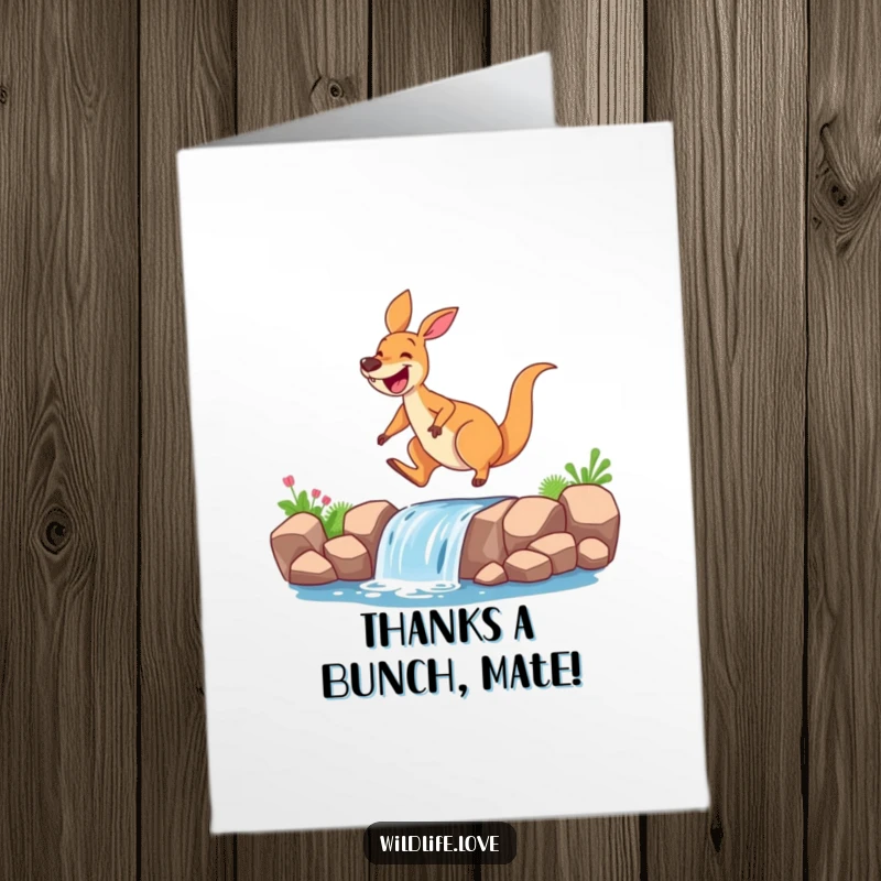 Funny Free Printable Thank You Card: Energetic kangaroo beaming as it leaps, showcasing gratitude with a splash.
