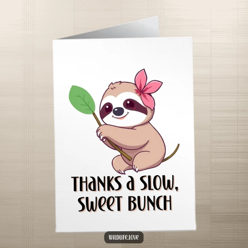 Funny Free Printable Thank You Card: Serene sloth extending a paw towards a colorful flower, expressing heartfelt thanks.