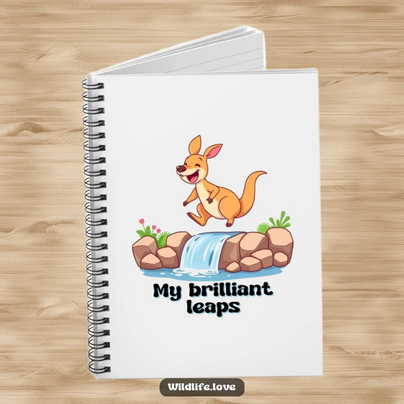 Funny kangaroo notebook, a joyful kangaroo with a wide grin leaping over a small waterfall, inspiring creative thoughts and fun notes.