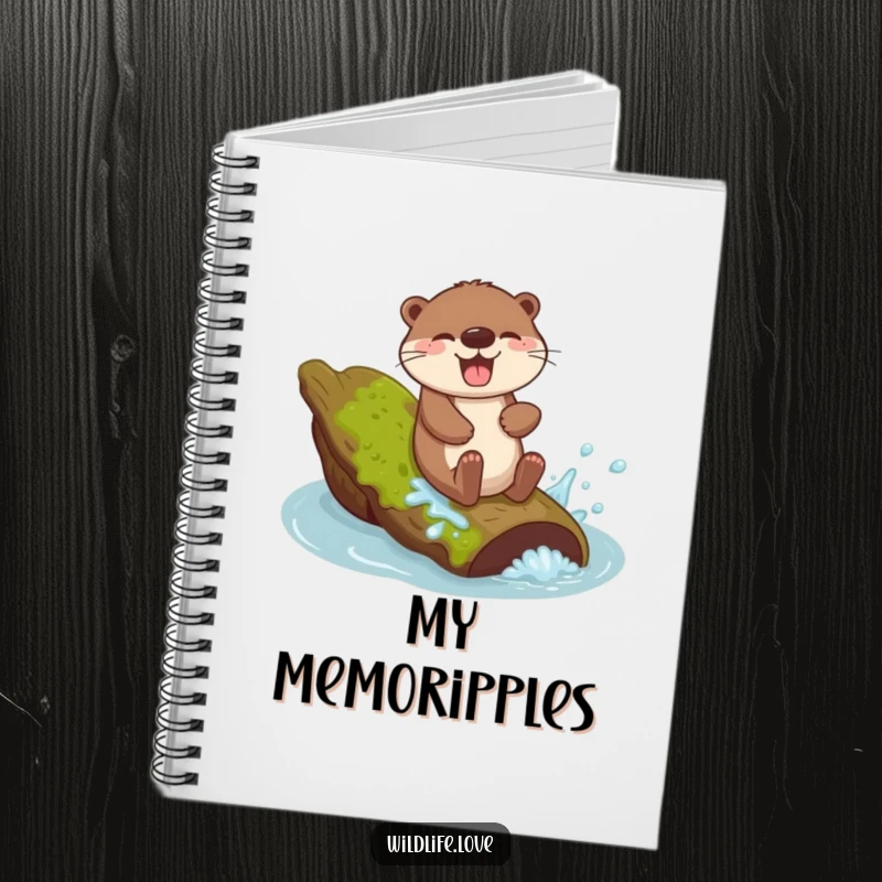 Funny Otter Journal: A giggling otter sliding down a mossy log with a joyful splash, perfect for jotting down fun thoughts.