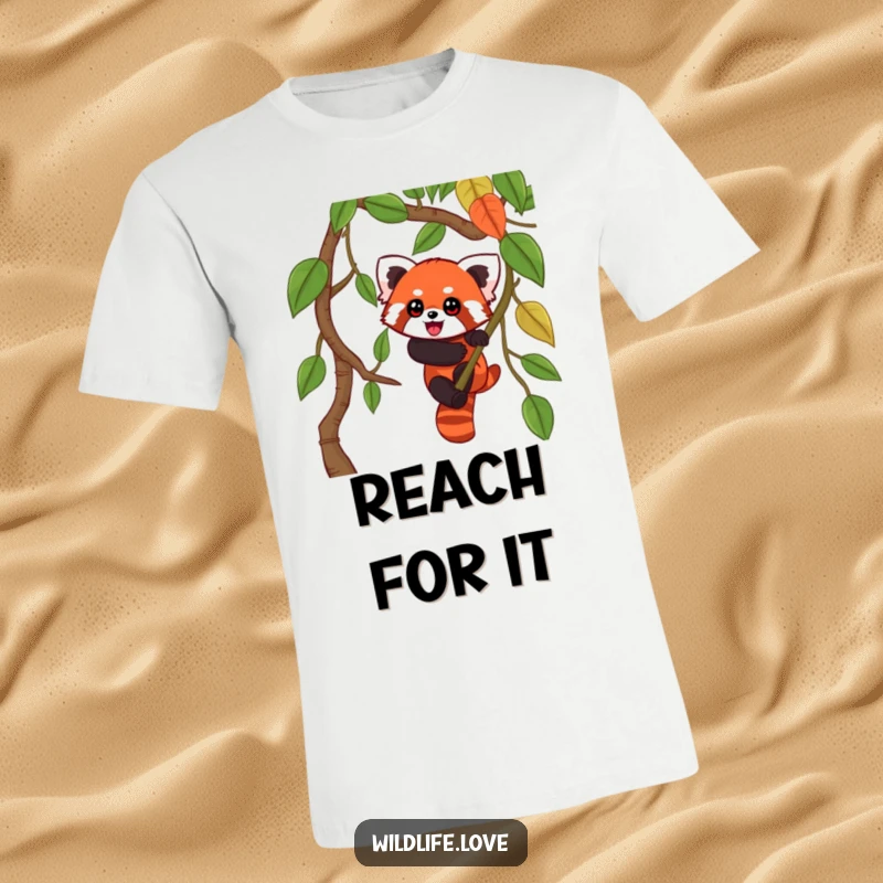 Funny Red Panda Vine Tee: A playful red panda with wide eyes enthusiastically scaling a lush jungle vine, showing daring spirit.