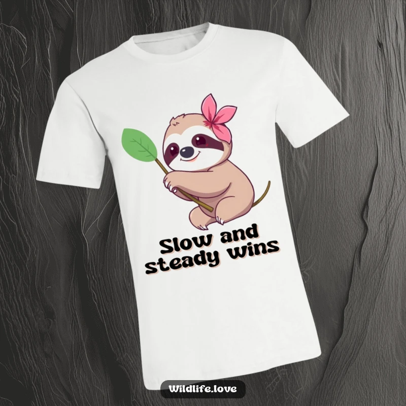 Funny sloth t-shirt, a smiling sloth gently extending its paw towards a bright, exotic flower, exuding peaceful happiness.
