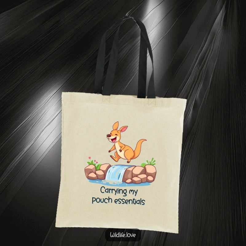 Funny kangaroo tote bag, a grinning kangaroo mid-jump over a miniature waterfall, a perfect accessory for a fun-loving person.