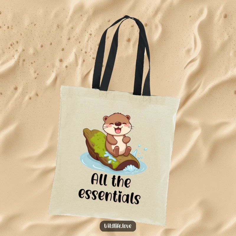 Funny Otter Sliding Tote Bag: A giggling otter sliding down a mossy log with a joyful splash, ready for adventure.
