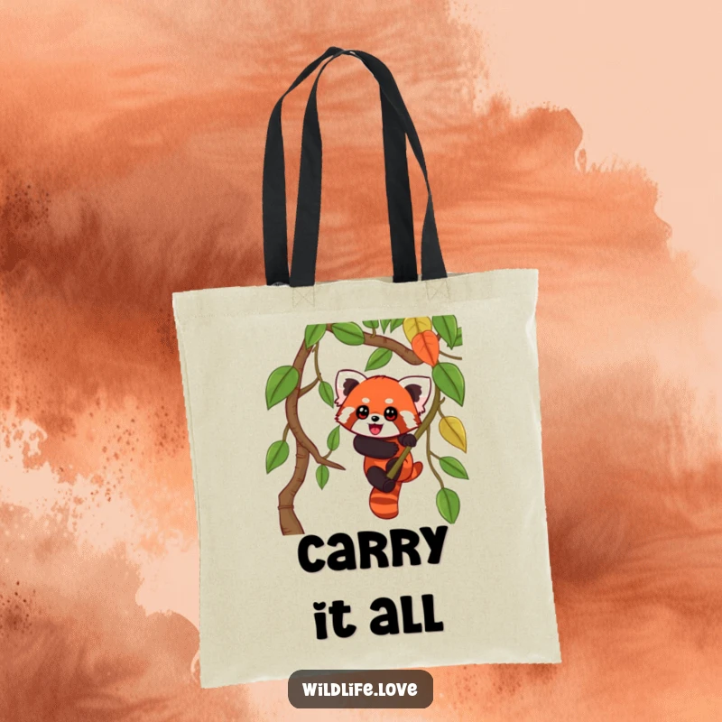 Funny Red Panda Jungle Tote Bag: A playful red panda with wide eyes climbing a jungle vine, ready for any adventure.