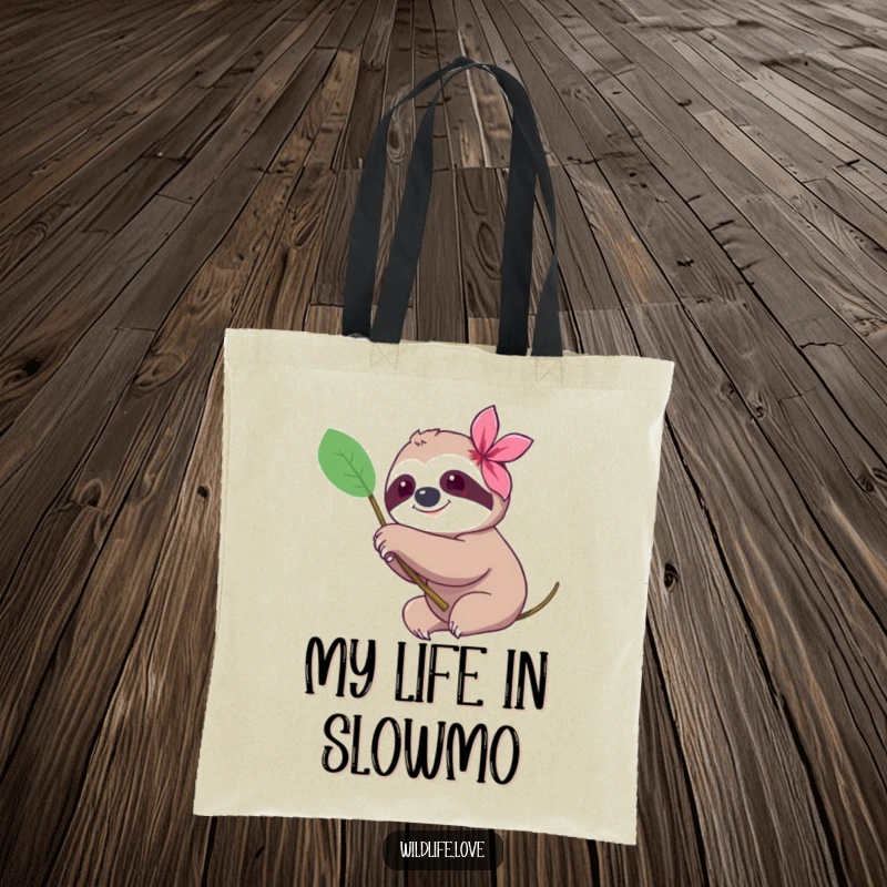 Funny sloth tote bag, a happy sloth with a gentle smile reaching for a colorful flower, a perfect accessory for slow living.